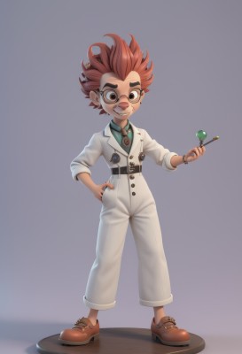 solo,looking at viewer,smile,short hair,simple background,brown hair,shirt,1boy,holding,brown eyes,standing,full body,male focus,red hair,food,necktie,shoes,glasses,belt,pants,hand on hip,facial hair,brown footwear,thick eyebrows,spiked hair,white pants,green shirt,male child,teeth,grin,candy,hand in pocket,lollipop,labcoat