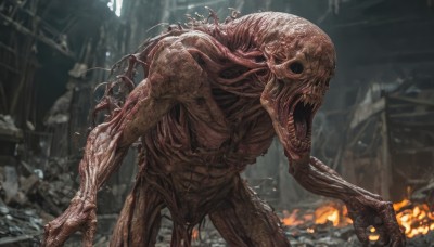 solo,open mouth,standing,teeth,tongue,blurry,no humans,blurry background,fire,sharp teeth,claws,1other,veins,monster,ruins,extra eyes,alien,horror (theme),outdoors,glowing,building,skull,debris,destruction