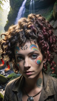 1girl,solo,looking at viewer,short hair,blue eyes,blonde hair,brown hair,shirt,hair ornament,jewelry,closed mouth,upper body,red hair,multicolored hair,earrings,outdoors,parted lips,day,artist name,signature,necklace,blurry,two-tone hair,lips,eyelashes,tattoo,makeup,depth of field,blurry background,wavy hair,facial mark,expressionless,piercing,sunlight,lipstick,gem,portrait,pendant,eyeshadow,curly hair,multicolored eyes,realistic,nose,fantasy,facepaint,mascara,jacket,water,waterfall,tribal