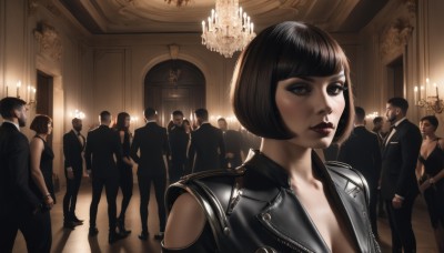 1girl,breasts,looking at viewer,short hair,bangs,multiple girls,black hair,cleavage,standing,jacket,parted lips,multiple boys,solo focus,pants,indoors,blunt bangs,black eyes,lips,black jacket,eyelashes,makeup,formal,bob cut,suit,lipstick,6+boys,hand in pocket,realistic,nose,candle,shoulder cutout,leather,crowd,leather jacket,chandelier,hat,medium breasts,open clothes,clothing cutout,facial hair