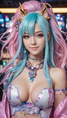 1girl,solo,long hair,breasts,looking at viewer,smile,bangs,hair ornament,cleavage,bare shoulders,jewelry,medium breasts,closed mouth,blue hair,upper body,ponytail,pink hair,multicolored hair,earrings,choker,necklace,blurry,black eyes,two-tone hair,lips,grey eyes,aqua hair,blurry background,gem,armlet,realistic,bustier,blue eyes,twintails,open clothes,artist name,eyelashes,gradient hair