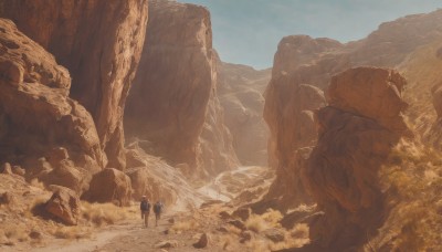 blonde hair,1boy,standing,weapon,male focus,boots,outdoors,sky,day,pants,sword,from behind,tree,blue sky,backpack,scenery,shield,rock,mountain,facing away,wide shot,desert,cliff,bag,sand