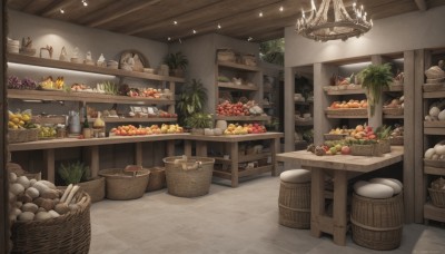 food,indoors,cup,no humans,fruit,table,bottle,plant,scenery,plate,apple,clock,basket,carrot,bread,egg,shelf,grapes,orange (fruit),food focus,jar,shop,banana,vegetable,ceiling,ceiling light,baguette,radish,groceries,bowl,kitchen,barrel,chandelier