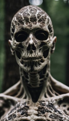 1girl,solo,looking at viewer,1boy,closed eyes,male focus,teeth,blurry,tree,mask,depth of field,blurry background,facing viewer,skull,monster,skeleton,horror (theme),long hair,holding skull