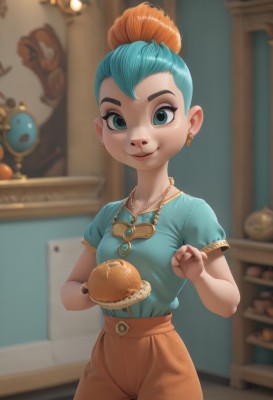 1girl,solo,breasts,looking at viewer,smile,short hair,blue eyes,shirt,holding,jewelry,closed mouth,blue hair,standing,collarbone,short sleeves,multicolored hair,cowboy shot,earrings,small breasts,food,pants,artist name,indoors,signature,necklace,nail polish,orange hair,blurry,two-tone hair,aqua eyes,lips,fingernails,eyelashes,aqua hair,makeup,fruit,depth of field,blurry background,thick eyebrows,holding food,blue shirt,child,black nails,plate,freckles,green shirt,female child,shirt tucked in,high-waist pants,aqua shirt