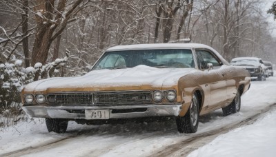 outdoors,multiple boys,tree,no humans,ground vehicle,nature,scenery,motor vehicle,snow,forest,snowing,car,winter,vehicle focus,bare tree,sports car,truck,day,realistic