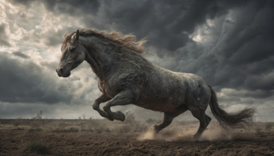 outdoors, sky, cloud, tree, no humans, bird, animal, cloudy sky, scenery, realistic, field, horse