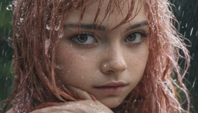 1girl, solo, long hair, looking at viewer, brown eyes, closed mouth, pink hair, water, mole, lips, fingernails, eyelashes, portrait, close-up, rain, water drop, realistic, nose