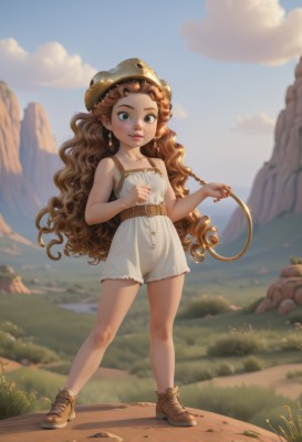 1girl,solo,long hair,looking at viewer,smile,brown hair,hat,dress,holding,bare shoulders,jewelry,very long hair,green eyes,standing,collarbone,full body,earrings,boots,outdoors,parted lips,sky,shoes,shorts,sleeveless,day,belt,cloud,white dress,blurry,flat chest,blue sky,lips,bare arms,bare legs,sleeveless dress,blurry background,wavy hair,brown footwear,short dress,cloudy sky,grass,child,freckles,curly hair,mountain,red lips,brown belt,breasts,blush,flower,small breasts,short shorts,thick eyebrows,helmet,white shorts,realistic,nose