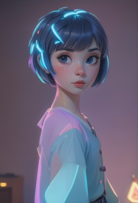 1girl,solo,looking at viewer,short hair,bangs,blue eyes,shirt,black hair,hair ornament,closed mouth,blue hair,upper body,belt,artist name,blurry,from side,lips,looking to the side,eyelashes,depth of field,blurry background,glowing,bob cut,backlighting,freckles,nose,blush,hairclip,blue shirt