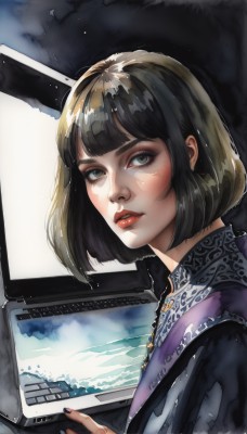 1girl,solo,looking at viewer,short hair,bangs,black hair,jewelry,green eyes,upper body,parted lips,shiny,blunt bangs,nail polish,black eyes,shiny hair,from side,lips,fingernails,grey eyes,eyelashes,makeup,bob cut,lipstick,black nails,nose,red lips,computer,monitor,stylus,drawing tablet,necklace,realistic,laptop,mascara