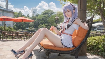 1girl,solo,long hair,breasts,looking at viewer,smile,bangs,skirt,hair ornament,dress,holding,hair between eyes,brown eyes,medium breasts,sitting,full body,white hair,thighs,hairband,outdoors,sky,shoes,sleeveless,day,cloud,armpits,white dress,high heels,tree,cup,blue sky,lips,legs,bare legs,umbrella,chair,short dress,table,white skirt,plant,building,scenery,holding cup,headset,ribbon,closed mouth,purple hair,sidelocks,parted lips,food,red ribbon,neck ribbon,sleeveless dress,cloudy sky,drinking straw,bush,on chair