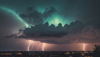 outdoors,sky,cloud,tree,no humans,night,cloudy sky,building,star (sky),nature,night sky,scenery,mountain,city,silhouette,electricity,cityscape,lightning,landscape,city lights,ocean,horizon