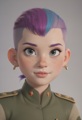 1girl,solo,looking at viewer,smile,short hair,simple background,jewelry,blue hair,upper body,purple hair,multicolored hair,earrings,parted lips,teeth,grey background,uniform,black eyes,two-tone hair,lips,grey eyes,military,eyelashes,military uniform,portrait,freckles,green jacket,green eyes,jacket,pink hair,artist name,epaulettes,realistic,very short hair,undercut