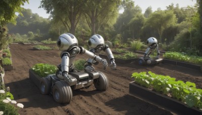 outdoors,day,tree,no humans,grass,plant,robot,ground vehicle,nature,scenery,mecha,motor vehicle,forest,science fiction,realistic,road,non-humanoid robot,1boy,sitting,flower,bush,robot joints