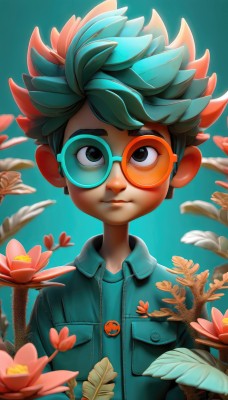 solo,looking at viewer,short hair,shirt,1boy,closed mouth,blue hair,jacket,upper body,flower,male focus,multicolored hair,green hair,glasses,artist name,black eyes,two-tone hair,gradient,gradient background,leaf,blue background,plant,spiked hair,pink flower,round eyewear,male child,badge,button badge,smile,brown hair,brown eyes,lips,watermark,denim,blue jacket,web address,zipper,freckles,denim jacket