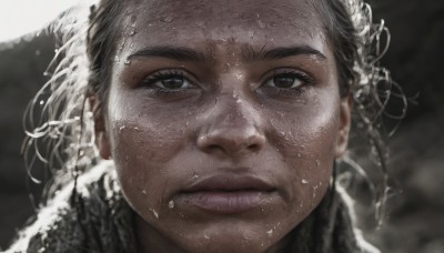 1girl,solo,looking at viewer,short hair,brown hair,brown eyes,parted lips,water,hair bun,blurry,lips,wet,double bun,portrait,close-up,realistic,nose,bun cover,black hair,teeth,eyelashes,blurry background,freckles,water drop