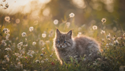 looking at viewer, blue eyes, flower, outdoors, blurry, no humans, depth of field, blurry background, animal, cat, grass, white flower, scenery, realistic, animal focus