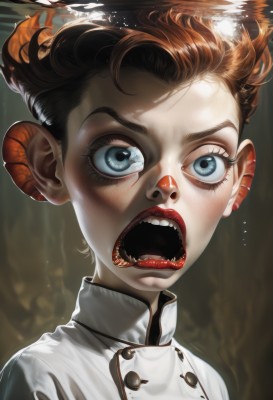 1girl,solo,looking at viewer,short hair,open mouth,blue eyes,brown hair,upper body,teeth,tongue,water,lips,eyelashes,makeup,buttons,fangs,sharp teeth,portrait,freckles,bubble,high collar,underwater,realistic,nose,red lips,air bubble,submerged,artist name,wide-eyed