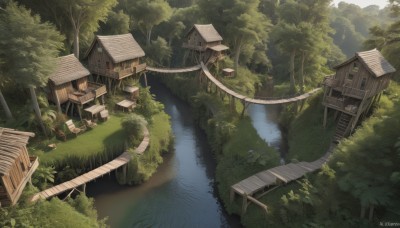 outdoors,day,artist name,water,tree,no humans,watermark,from above,grass,plant,building,nature,scenery,forest,stairs,bush,architecture,house,bridge,east asian architecture,river,boat,signature,sunlight,road,path,stream