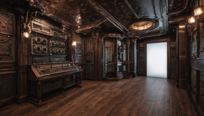 indoors,no humans,window,chair,table,scenery,wooden floor,stairs,door,light,lamp,cable,shelf,ceiling,ceiling light,crate,instrument,science fiction,speaker,wooden chair