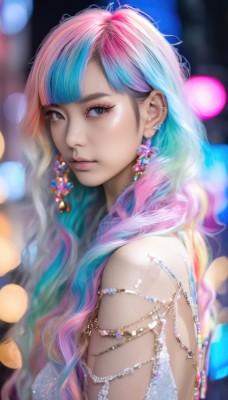 1girl,solo,long hair,breasts,looking at viewer,bangs,dress,bare shoulders,jewelry,closed mouth,blue hair,upper body,pink hair,multicolored hair,earrings,blunt bangs,blurry,black eyes,from side,two-tone hair,lips,eyelashes,aqua hair,gradient hair,makeup,depth of field,blurry background,piercing,gem,ear piercing,eyeshadow,pink lips,realistic,nose,bokeh,mascara,blue eyes,artist name,looking to the side,watermark,wavy hair,web address,armlet,pearl (gemstone)