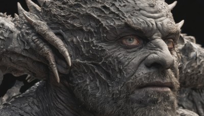 solo,1boy,closed mouth,male focus,horns,blurry,grey eyes,no humans,black background,portrait,close-up,monster,realistic,looking at viewer,simple background,facial hair,claws,beard,veins,scales,old,old man,tusks,wrinkled skin