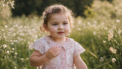 1girl,solo,looking at viewer,short hair,blue eyes,blonde hair,brown hair,hair ornament,dress,upper body,flower,short sleeves,outdoors,parted lips,hair flower,white dress,blurry,lips,depth of field,blurry background,child,nature,realistic,female child,open mouth,teeth,day,hand up,grass,wind,lace