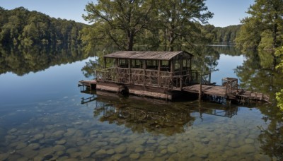 outdoors,sky,day,water,tree,no humans,ground vehicle,building,nature,scenery,forest,reflection,watercraft,house,bridge,river,blue sky,aircraft,vehicle focus,reflective water