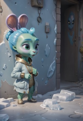 1girl,solo,1boy,animal ears,jewelry,green eyes,blue hair,standing,jacket,full body,male focus,open clothes,shoes,artist name,hood,necklace,hair bun,colored skin,child,furry,ice,mouse ears,blue skin,door,furry female,glass,key,male child,broken,mouse,broken glass,buck teeth,long sleeves,rabbit ears,bracelet,coat,watermark,single hair bun,monster girl,green skin,wall,crack