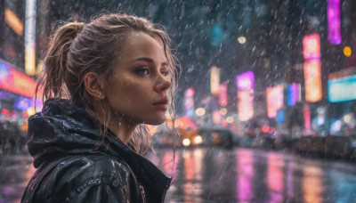 1girl, solo, blue eyes, brown hair, jewelry, jacket, upper body, ponytail, earrings, outdoors, blurry, lips, wet, night, depth of field, freckles, rain, city, realistic, nose, neon lights