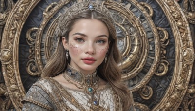 1girl,solo,long hair,looking at viewer,blue eyes,brown hair,dress,jewelry,closed mouth,upper body,earrings,necklace,lips,grey eyes,crown,gem,portrait,freckles,realistic,fantasy,makeup,expressionless,tiara,forehead,nose,red lips,gold