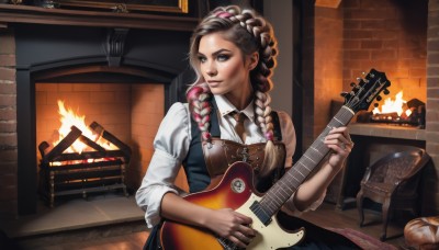 1girl,solo,long hair,smile,blue eyes,brown hair,shirt,hair ornament,long sleeves,dress,holding,jewelry,sitting,white shirt,pink hair,braid,multicolored hair,necktie,collared shirt,indoors,apron,twin braids,two-tone hair,lips,makeup,chair,looking away,table,ring,fire,instrument,hair over shoulder,sleeves rolled up,nose,music,guitar,brick wall,playing instrument,holding instrument,brown necktie,fireplace,lute (instrument),acoustic guitar,white hair,puffy sleeves,vest,looking to the side,cat,couch