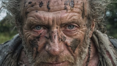 solo,looking at viewer,blue eyes,brown hair,1boy,jewelry,closed mouth,male focus,outdoors,day,necklace,blurry,grey eyes,blurry background,facial hair,portrait,beard,close-up,realistic,mustache,manly,old,dirty,old man,depth of field,scar