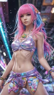 1girl,solo,long hair,breasts,looking at viewer,bangs,hair ornament,navel,cleavage,brown eyes,jewelry,medium breasts,closed mouth,blue hair,standing,swimsuit,pink hair,flower,bikini,multicolored hair,cowboy shot,earrings,midriff,hair flower,blunt bangs,necklace,stomach,blurry,bracelet,two-tone hair,lips,blurry background,white bikini,bikini top only,realistic,sarong,skirt,hairband,pink eyes