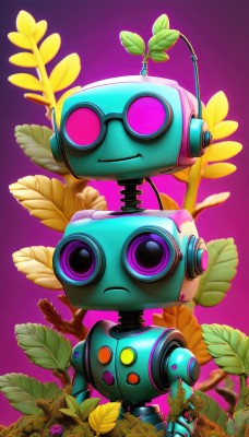 solo,looking at viewer,closed mouth,standing,full body,flower,artist name,pink eyes,gradient,gradient background,no humans,headphones,leaf,plant,robot,mecha,purple background,yellow flower,non-humanoid robot,simple background,1boy,upper body,frown,pink background,goggles,branch,humanoid robot