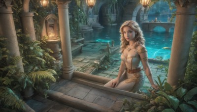 1girl,solo,long hair,breasts,looking at viewer,smile,blue eyes,blonde hair,brown hair,dress,cleavage,bare shoulders,brown eyes,jewelry,medium breasts,sitting,outdoors,parted lips,solo focus,water,necklace,white dress,lips,strapless,makeup,night,leaf,wavy hair,plant,building,scenery,strapless dress,armlet,curly hair,lantern,stairs,fantasy,red lips,potted plant,pillar,statue,lily pad,arch,column,fountain,ivy,belt,bracelet,vines