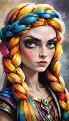 1girl,solo,long hair,looking at viewer,blue eyes,blonde hair,jewelry,closed mouth,green eyes,upper body,braid,multicolored hair,necklace,orange hair,mole,twin braids,lips,eyelashes,makeup,thick eyebrows,lipstick,gem,portrait,hair over shoulder,eyeshadow,freckles,nose,red lips,mascara,multiple braids,blush,blue hair,two-tone hair,mole under eye