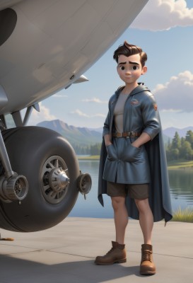 solo,looking at viewer,smile,short hair,brown hair,shirt,1boy,brown eyes,standing,jacket,full body,white shirt,male focus,boots,outdoors,sky,shorts,day,belt,cloud,water,cape,black eyes,tree,blue sky,shadow,brown footwear,cloudy sky,child,reflection,mountain,aircraft,hands in pockets,airplane,male child,vehicle focus,river,lake,closed mouth,artist name,black shorts,thick eyebrows,grass,aged down,nature,hand in pocket,superhero