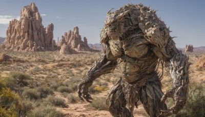 solo,outdoors,horns,sky,teeth,day,armor,tree,blue sky,no humans,scenery,claws,monster,mountain,giant,standing,tail,cloud,spikes,rock,realistic,alien,desert,kaijuu