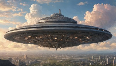 outdoors,sky,day,cloud,blue sky,no humans,cloudy sky,building,scenery,flying,science fiction,city,aircraft,fantasy,cityscape,vehicle focus,skyscraper,landscape,spacecraft,airship,signature,horizon