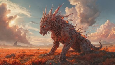 open mouth,red eyes,tail,outdoors,sky,teeth,day,cloud,blue sky,no humans,glowing,cloudy sky,fire,sharp teeth,scenery,glowing eyes,claws,monster,mountain,fantasy,dragon,giant,solo,flower,from side,field,flower field,landscape