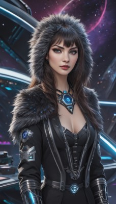 1girl,solo,long hair,breasts,looking at viewer,bangs,brown hair,black hair,cleavage,brown eyes,jewelry,medium breasts,jacket,upper body,earrings,belt,hood,necklace,lips,coat,fur trim,makeup,lipstick,gauntlets,star (sky),hooded jacket,pendant,hood up,science fiction,realistic,nose,red lips,space,leather,open clothes,black jacket,emblem