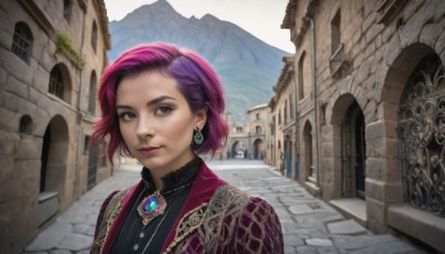 1girl,solo,looking at viewer,smile,short hair,shirt,brown eyes,jewelry,closed mouth,upper body,pink hair,purple hair,multicolored hair,earrings,outdoors,sky,day,two-tone hair,lips,makeup,lipstick,brooch,building,gem,scenery,mountain,realistic,town,necklace,grey eyes,portrait