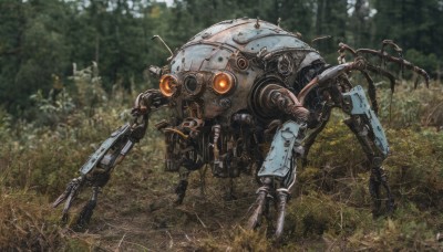 solo,weapon,outdoors,blurry,tree,military,no humans,robot,nature,mecha,claws,forest,science fiction,realistic,non-humanoid robot,glowing,grass,machinery,cable,one-eyed,damaged,photo background