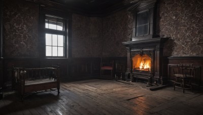 day,indoors,book,no humans,window,shadow,chair,table,sunlight,fire,scenery,wooden floor,stairs,door,lamp,candle,wall,candlestand,fireplace,wooden chair,tiles,light,tile floor,brick wall,stool,stone floor