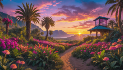 flower, outdoors, sky, cloud, tree, no humans, sunlight, cloudy sky, grass, plant, nature, scenery, sunset, mountain, palm tree, sun, road, house, mountainous horizon, path