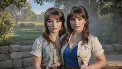 long hair,breasts,looking at viewer,smile,bangs,blue eyes,multiple girls,brown hair,shirt,2girls,cleavage,brown eyes,jewelry,medium breasts,closed mouth,white shirt,upper body,short sleeves,outdoors,open clothes,day,belt,necklace,tree,lips,siblings,sunlight,blue shirt,sisters,nature,curly hair,twins,realistic,brown belt,wall,side-by-side,holding,sky,blue sky,pen,badge,holding pen