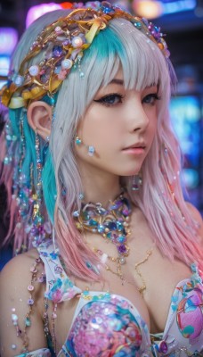 1girl,solo,long hair,breasts,looking at viewer,bangs,blue eyes,large breasts,hair ornament,cleavage,bare shoulders,jewelry,medium breasts,closed mouth,upper body,pink hair,white hair,multicolored hair,earrings,necklace,blurry,black eyes,lips,grey eyes,eyelashes,aqua hair,gradient hair,depth of field,blurry background,watermark,gem,web address,armlet,realistic,nose,pearl (gemstone),blue hair,artist name,bra,two-tone hair,expressionless,beads,headdress