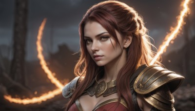 1girl,solo,long hair,breasts,looking at viewer,large breasts,brown hair,cleavage,brown eyes,jewelry,medium breasts,closed mouth,upper body,earrings,outdoors,armor,blurry,lips,blurry background,fire,shoulder armor,pauldrons,realistic,nose,stud earrings,chain,scar,portrait,shoulder pads